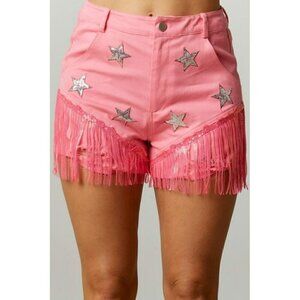 Oh My Starlight Sequin Patch Pink Shorts With Fringe